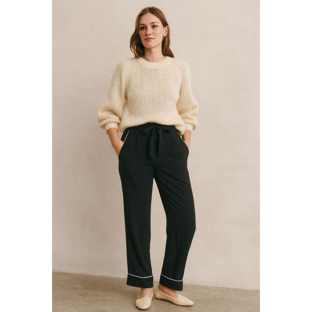 SEZANE Black 100% Silk Tie Waist Pants Trousers  Women's Size 38